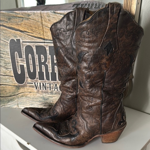Corral Vintage Brown Lizard Inlay Pointed Toe - Picture 1 of 12